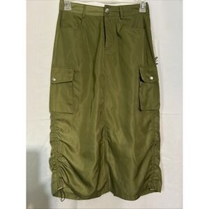 YMI Women's Olive Green Parachute Cargo Pocket Ruched Maxi Skirt Size 5/27